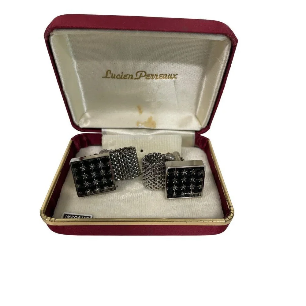 Lucien Perreaux Vintage Cuff Links Silver‎ Toned Black Rhinestone Square